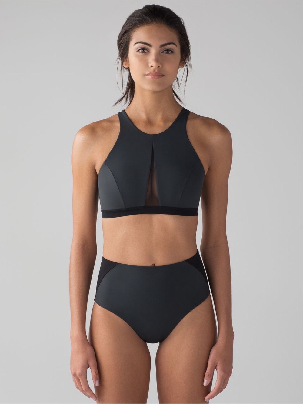 Lululemon Grey & Black Colorblock Shoreline Top & High Waisted Bikini Set - US 8